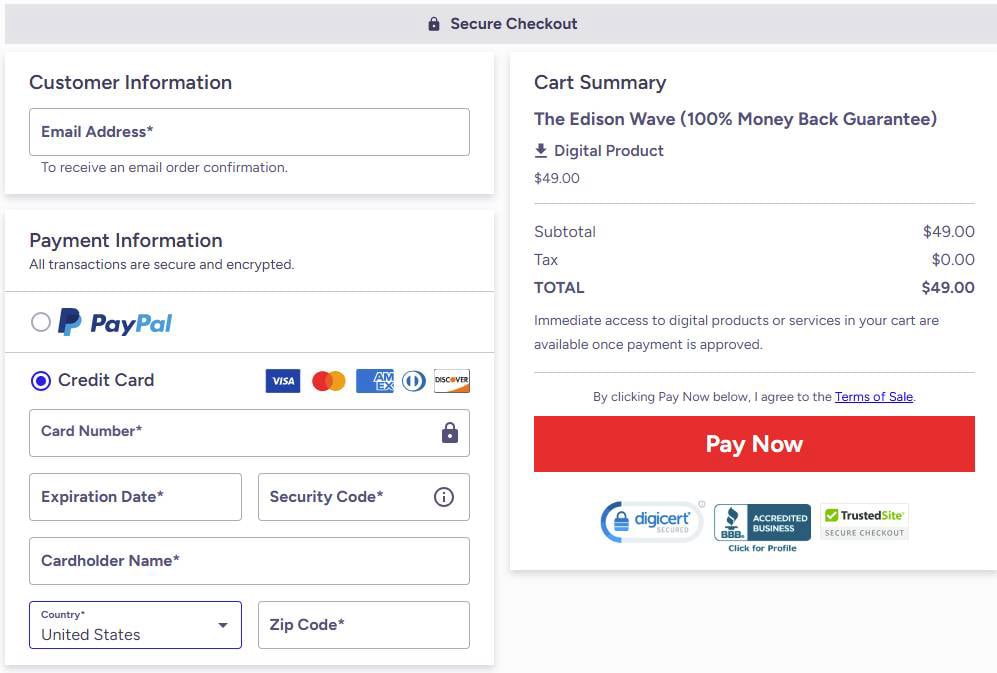 Edison Wave checkout process step showing what happens after clicking Buy Now for tinnitus UK users seeking sound therapy relief.